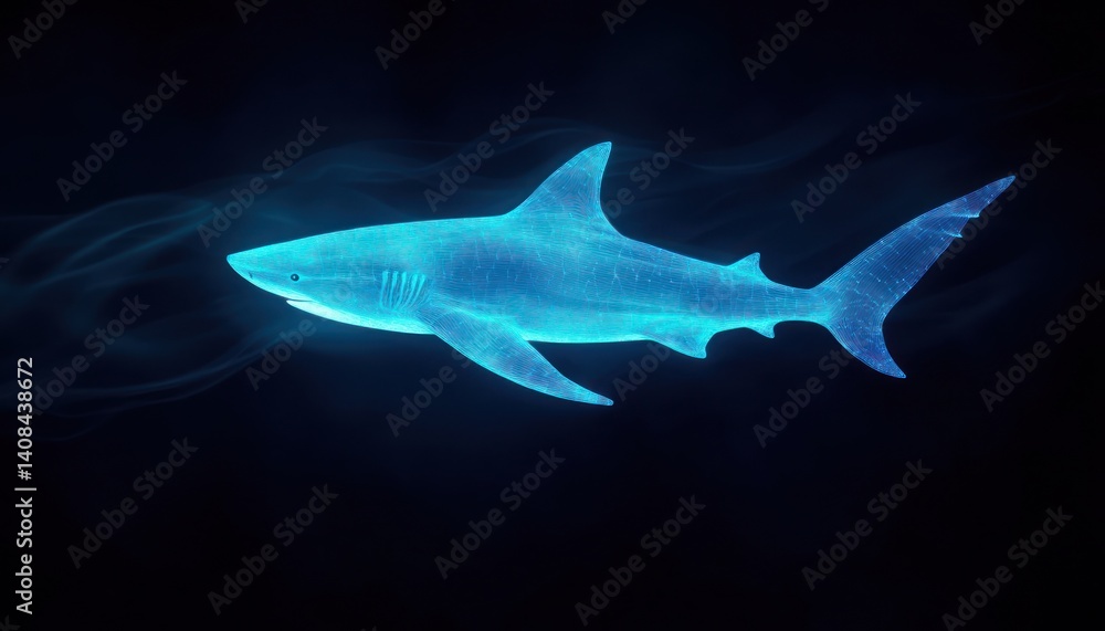 Fototapeta premium A neon blue shark silhouette glows against a dark background, its streamlined shape illuminated by a soft, glowing neon light as it swims gracefully through the deep, dark ocean