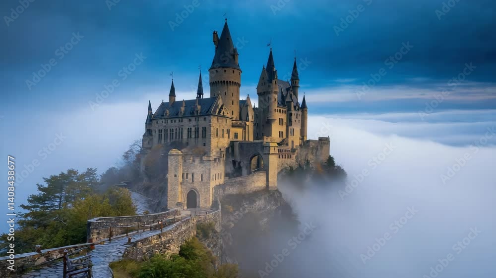 Grand European Castle Perched High Above the Clouds at Dawn Grand European Castle Perched High Above the Clouds at Dawn