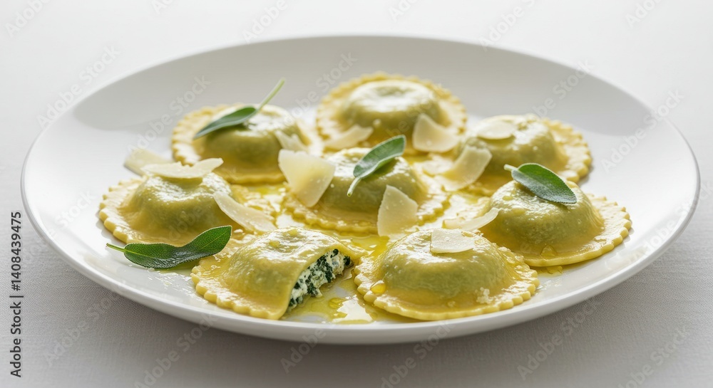 Plate of ravioli pasta with cheese and basil on a white background. Plate of ravioli pasta with cheese and basil on a white background.