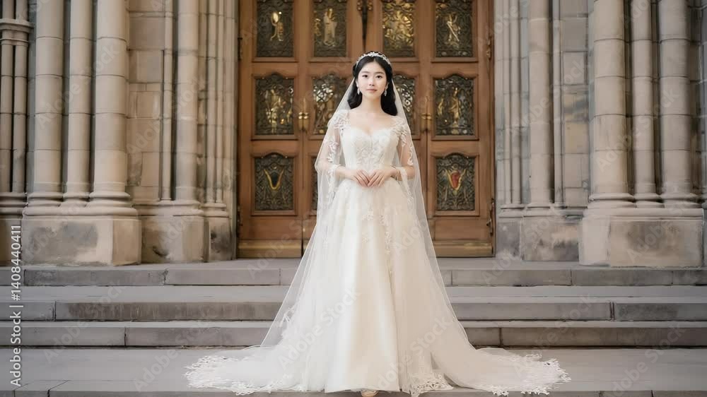 Elegant Bride in Wedding Dress Poses Gracefully on Stone Steps Before Ornate Doorway, Columns, Marriage Elegant Bride in Wedding Dress Poses Gracefully on Stone Steps Before Ornate Doorway, Columns, Marriage