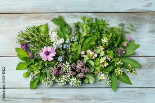 Botanical spring flat lay with flowers and natural elements, top view, no people, soft pastel vibe.