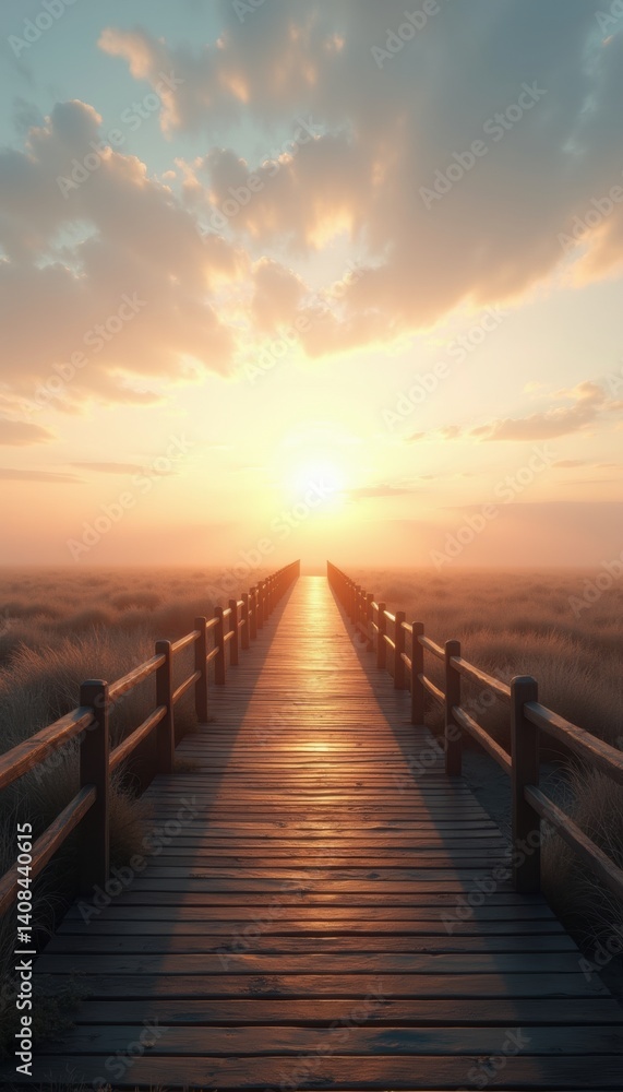 A serene wooden walkway stretches toward a breathtaking sunset, surrounded by gentle fog and lush grass, creating a tranquil atmosphere perfect for reflection. A serene wooden walkway stretches toward a breathtaking sunset, surrounded by gentle fog and lush grass, creating a tranquil atmosphere perfect for reflection.