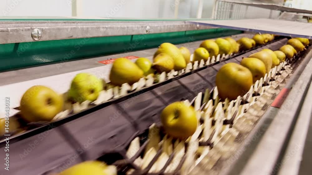 Pear Process President Heron pears being weighed on grading line. Automated fruit ...
