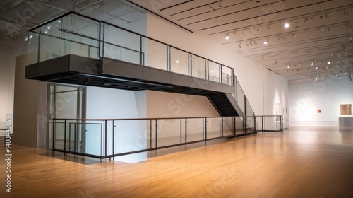 Minimal mezzanine with thin steel balustrades and glass wall  