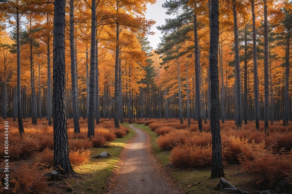 Obraz premium Serene Pine Trail in Finnish Arboretum Stunning Autumn Woodland Views