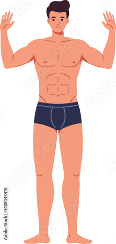 Athletic man with muscular build standing confidently in minimal flat style vector illustration, showcasing strength and vitality with a relaxed demeanor and open posture.