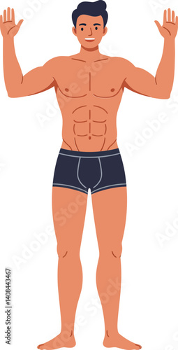 Athletic young man standing confidently with arms raised in a minimal flat design vector illustration