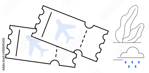 Two airplane tickets with flying icons, paired with simple weather elements thumbs up rain cloud and foliage. Ideal for travel, vacation, booking, adventure, planning, weather impact, simple landing