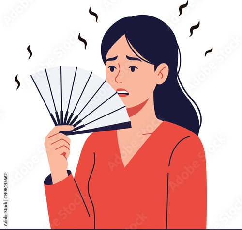 Woman feeling hot and fanning herself in a minimal flat design vector illustration expressing discomfort and frustration in a calm indoor setting