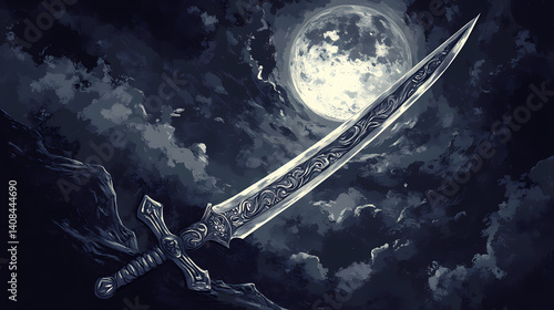 Ancient blade under moonlight: a nighttime fantasy. fabled engravings. illustration. Moonshadow Blade. Illustration