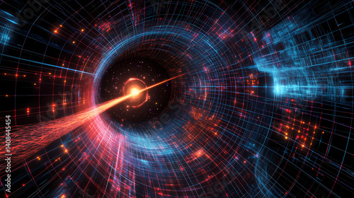 The space-time fabric warps around a black hole , a light beam extending into the depths of time in the background, details. Radiant Warp. Illustration