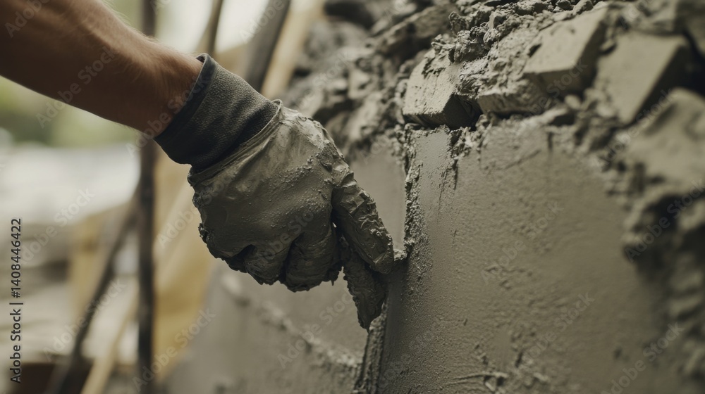 Fototapeta premium Mason mixing cement for a stone garden wall. Featuring strength and technique