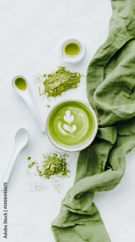 Obraz premium Creamy matcha latte with green tea powder and leaves on white background, highlighting healthy herbal fusion drinks