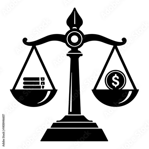 Minimalist scales icon with books and dollar coin representing balance between knowledge and finance - concept of education economy ethics financial decision