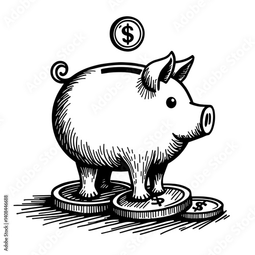 Hand-drawn piggy bank icon with coin and shadows representing savings and financial education - concept of money saving budgeting family finance investment