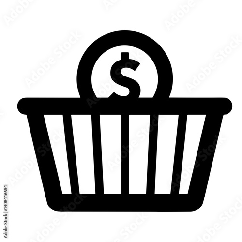 Minimalist shopping basket icon with dollar symbol representing purchase and expense - concept of ecommerce retail budget shopping list buying