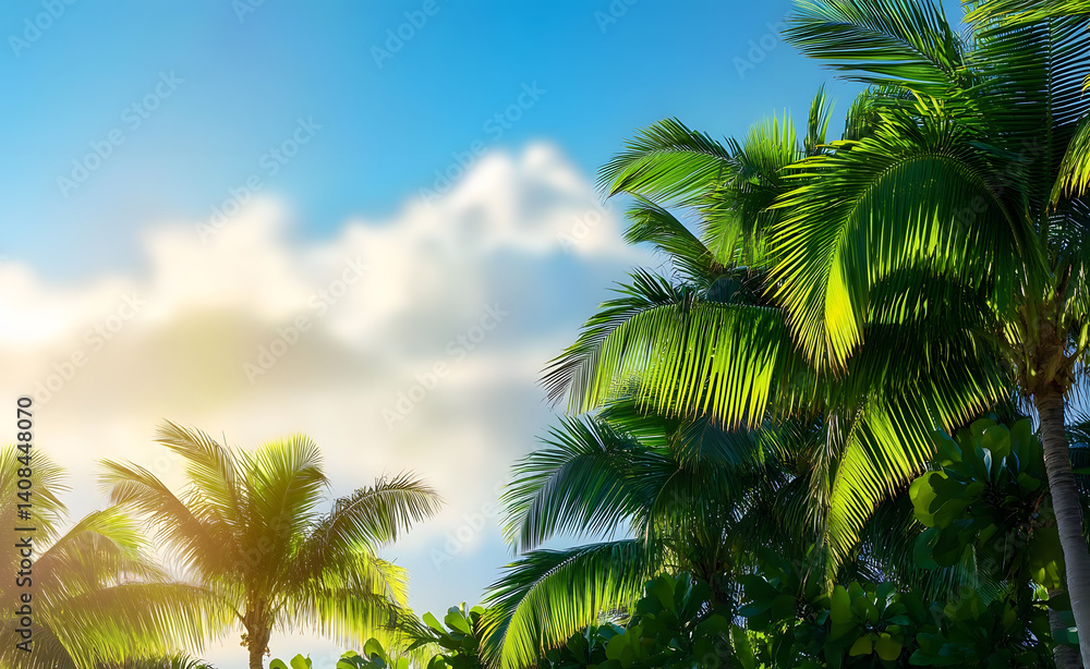 Fototapeta premium Palm background. Summer paradise concept. Green jungle. Tropical background. Exotic summer vibes. Palm wallpaper. Palm leaves in sunlight. Tropical design pattern. Miami summer. Tropical design.