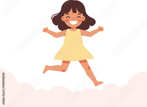 Joyful young girl wearing a yellow dress joyfully jumping on fluffy clouds in a flat vector illustration, radiating happiness and carefree spirit in a whimsical setting