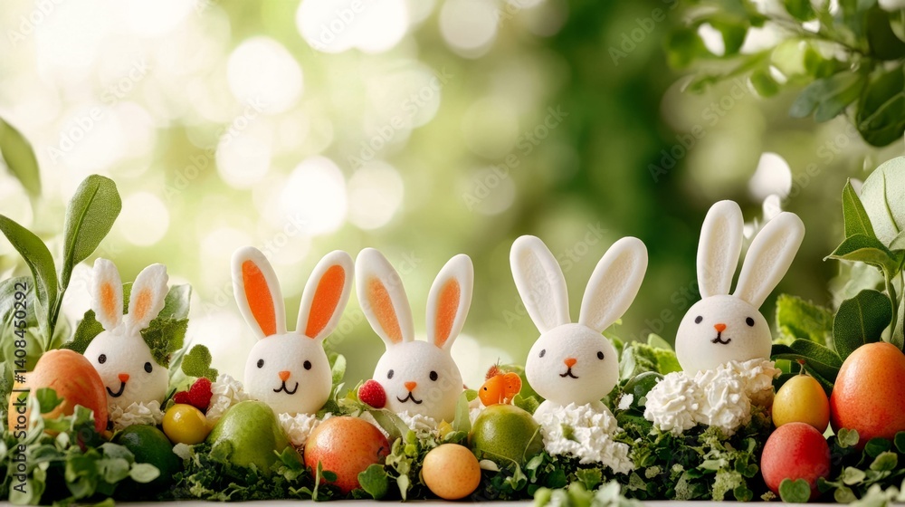 Obraz premium Whimsical easter bunny breakfast with fresh fruits and playful garden setting for festive spring celebration