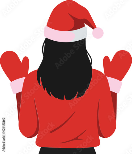 Cheerful woman wearing a festive red sweater and Santa hat with fluffy mittens celebrating the holiday season in a flat vector illustration