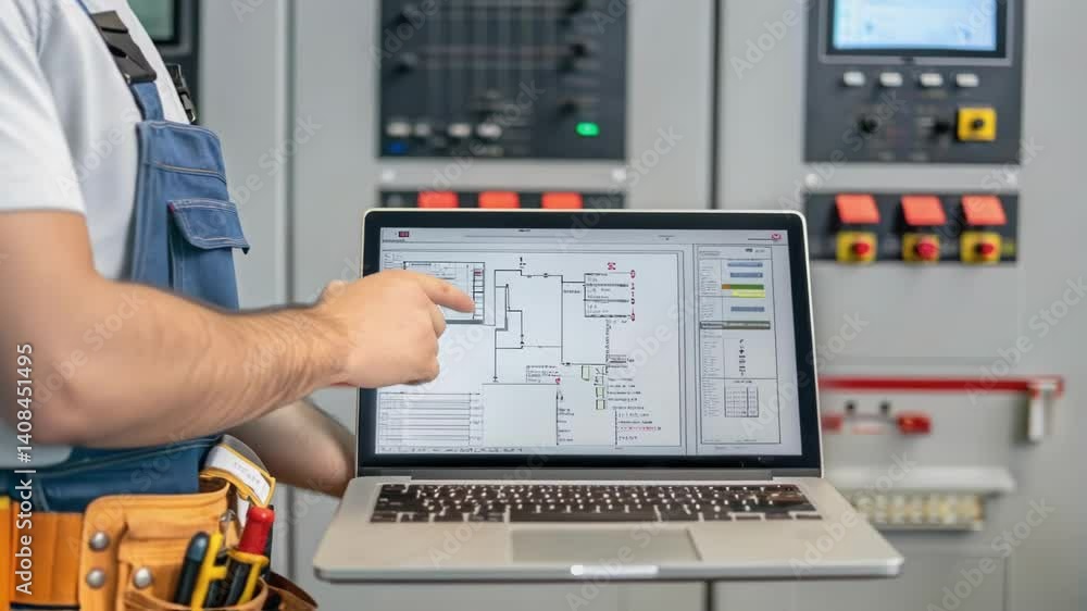Electrical engineer using a laptop and pointing at a digital scheme of an electrical control panel, explaining its components and functionalities