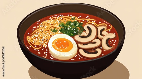 Asian Ramen Soup with Soft Egg, Mushrooms, and Sesame