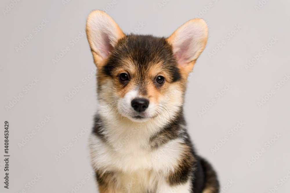 Smiling red Corgi puppy sitting on a beige armchair Smiling red Corgi puppy sitting on a beige armchair