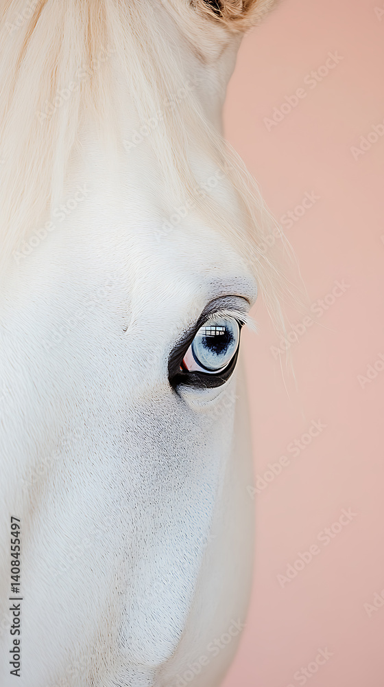 Close-up of a magnificent white horse displaying its blue eye against a soft pink backdrop. A study in contrasts and captivating beauty. #equine Close-up of a magnificent white horse displaying its blue eye against a soft pink backdrop. A study in contrasts and captivating beauty. #equine