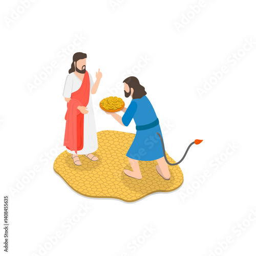 Valokuva 3D Isometric Flat Vector Illustration of Christ Tempted by Devil, Biblical Scenes