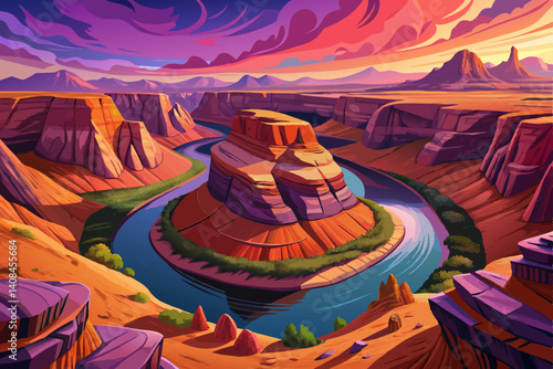 Horseshoe Bend and Colorado river at sunset time, Landscape Canyon national park cartoon design Flat style illustration vector