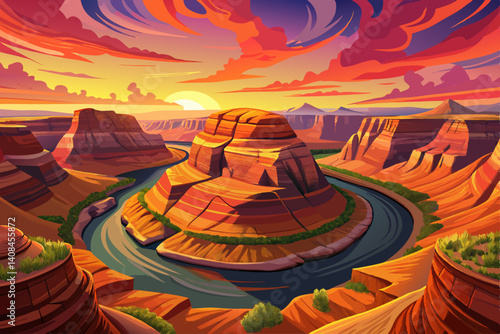 Horseshoe Bend and Colorado river at sunset time, Landscape Canyon national park cartoon design Flat style illustration vector
