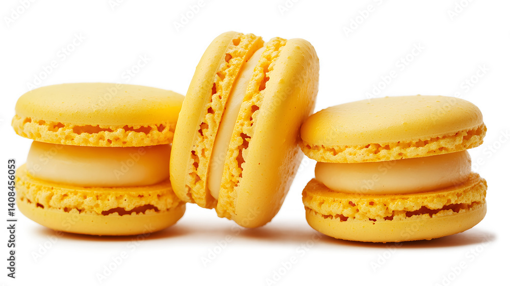 Three yellow pastries with a cream filling. The pastries are stacked on top of each other Three yellow pastries with a cream filling. The pastries are stacked on top of each other