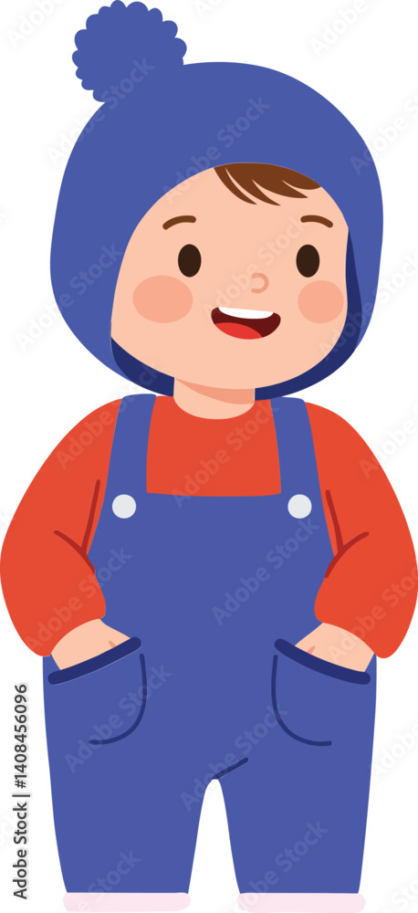 Cheerful young boy in blue overalls and hat smiling brightly, showcasing a flat and colorful design in this delightful vector art Cheerful young boy in blue overalls and hat smiling brightly, showcasing a flat and colorful design in this delightful vector art