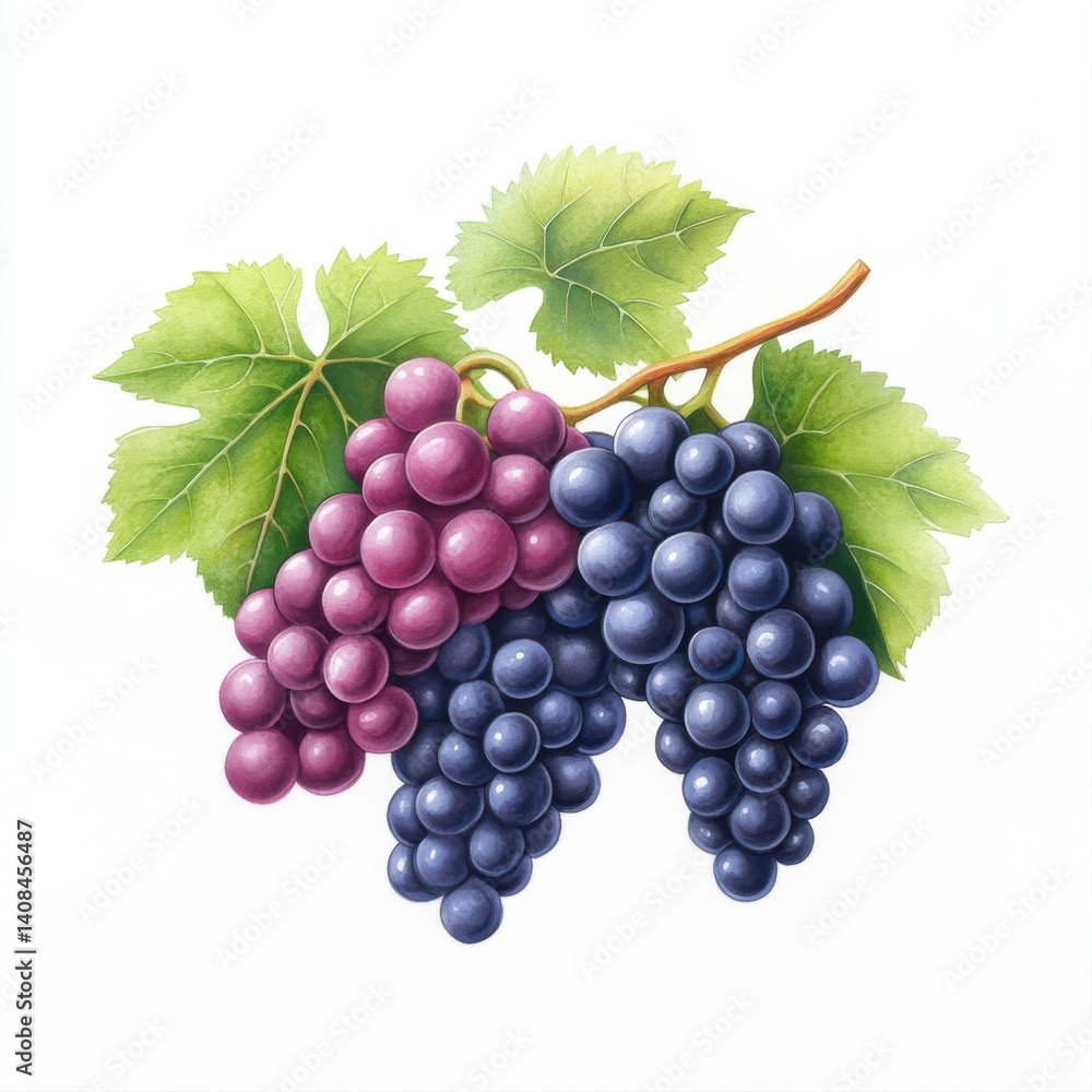 Fresh Grapes on Vine with Green Leaves, Vibrant Colors of Purple and Blue, Botanical Illustration Fresh Grapes on Vine with Green Leaves, Vibrant Colors of Purple and Blue, Botanical Illustration