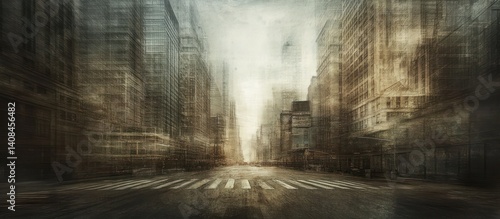 A surreal abandoned NYC, eerie stillness enveloping empty streets and silent skyscrapers, captured in a vintage photo style with muted tones and soft light