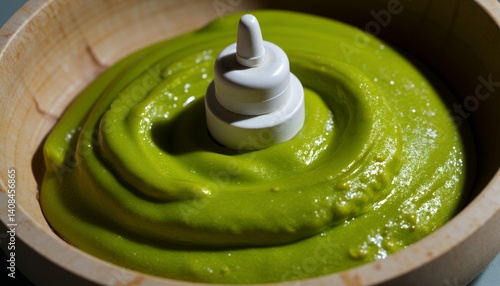 Wallpaper Mural Vibrant Green Puree in Wooden Bowl with White Object Torontodigital.ca