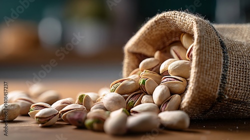 Sack spills pistachios onto a wooden surface, ready to enjoy a delicious snack.