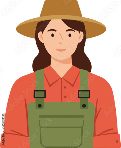A young woman wearing a green overall and wide-brimmed hat smiling warmly in a flat vector illustration showcasing rural lifestyle and agricultural themes