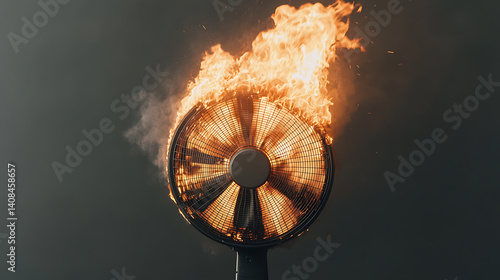 Blazing Fan: A desktop fan engulfed in flames, intense heat and potential danger are evident, conveying a sense of urgency and chaos in a dark setting.