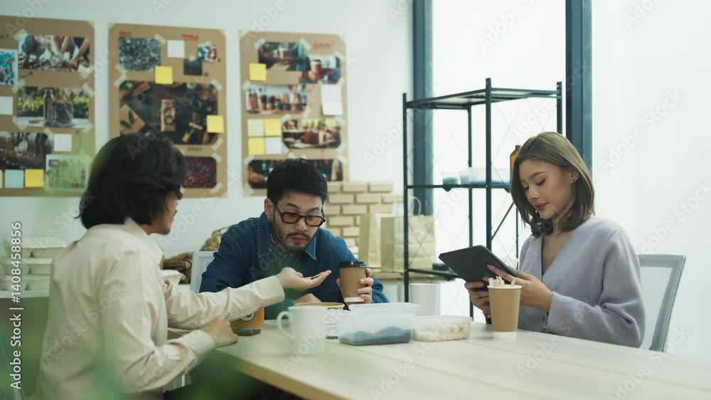 Creative young professionals actively brainstorming and exchanging ideas about sustainable products, emphasizing teamwork, eco-friendly innovation. Creative young professionals actively brainstorming and exchanging ideas about sustainable products, emphasizing teamwork, eco-friendly innovation.