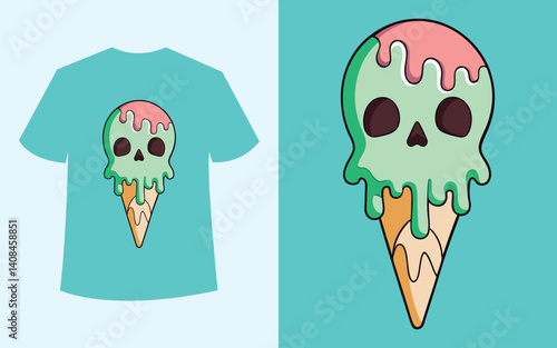 A melting ice cream cone shaped like a skull, t shirt design