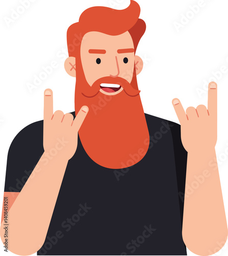 A cheerful man with a thick red beard making a rock hand gesture in a flat vector illustration design style radiating enthusiasm and energy in an upbeat atmosphere vector art