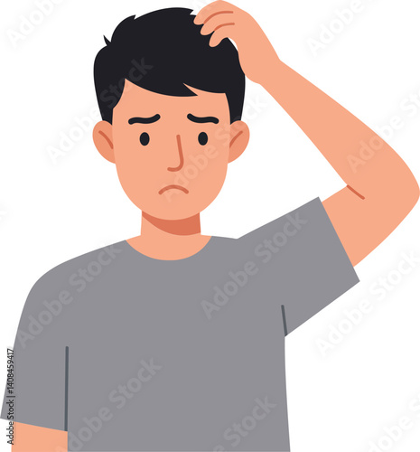 Young man with a concerned expression scratching his head in a flat vector illustration depicting confusion and uncertainty in a minimal design style