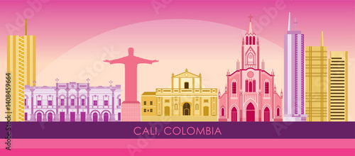 Sunset Skyline panorama of city of Cali, Colombia - vector illustration