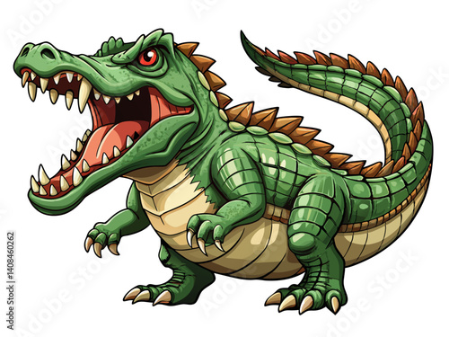 A high-quality vector illustration of a fierce crocodile with open jaws and sharp teeth, isolated on a white background, full body view