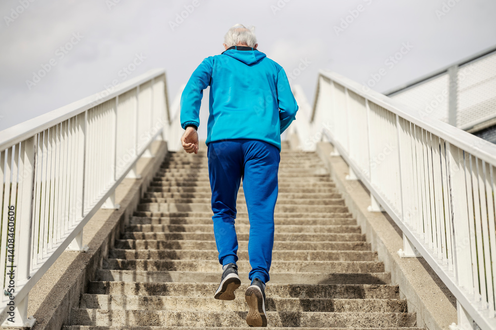 Back view of senior athlete running up the stairs on a bridge. Back view of senior athlete running up the stairs on a bridge.