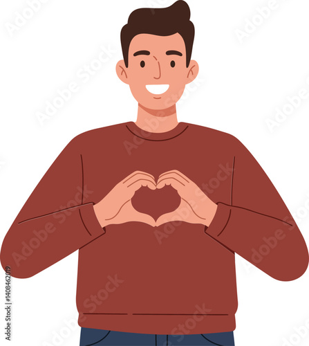 A cheerful young man in a brown sweater making a heart shape with his hands, in a flat design style, vector illustration
