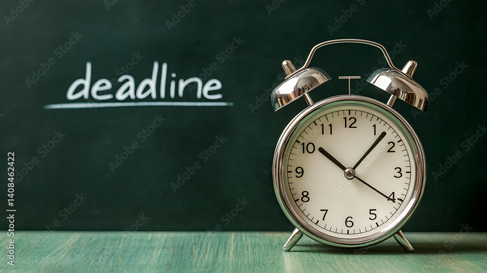 Alarm clock on a desk with the word Alarm clock on a desk with the word