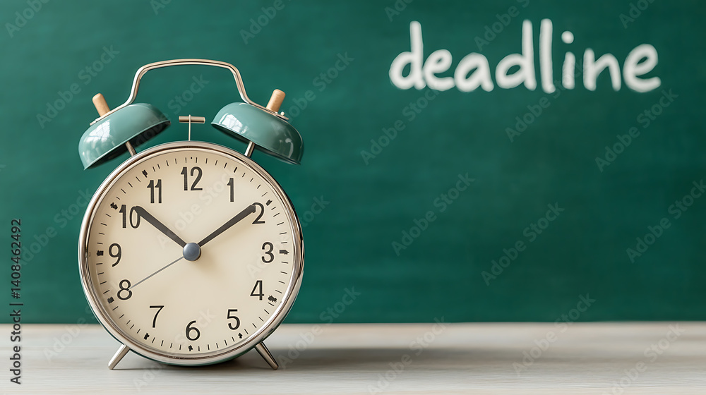 Time Pressure: A turquoise alarm clock sits before a green chalkboard with the word Time Pressure: A turquoise alarm clock sits before a green chalkboard with the word