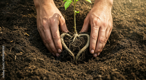 Close-up view of hands nurturing a young plant into rich soil, with its roots artistically forming a heart shape.